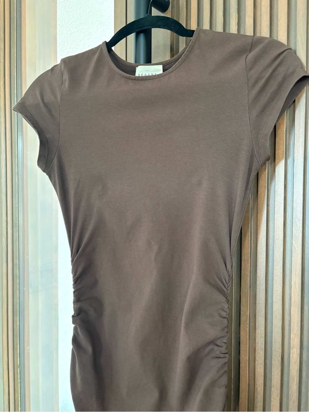 Sezane Dark Brown Short Sleeve Ruched Maxi Dress - Picture 3 of 5